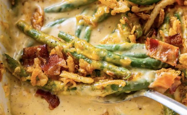 Green bean casserole with bacon and cheese.